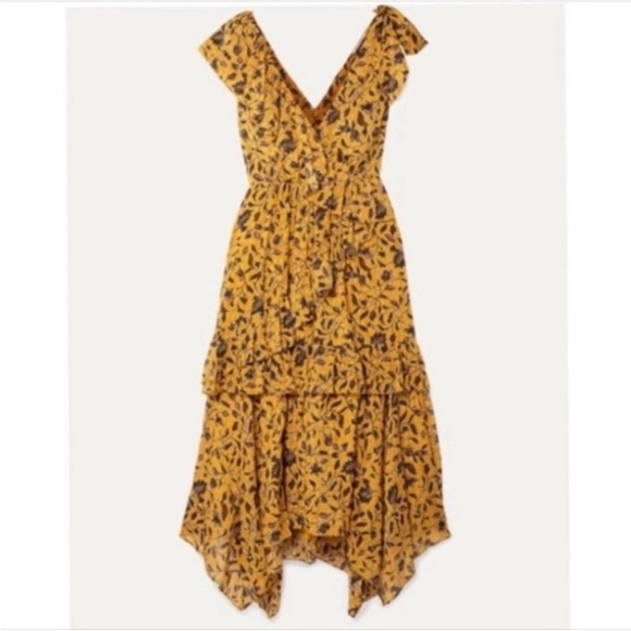 Ulla Johnson Dania Ruffled Midi Dress Handkerchief Hem Gold Size 8 Medium - Picture 15 of 15